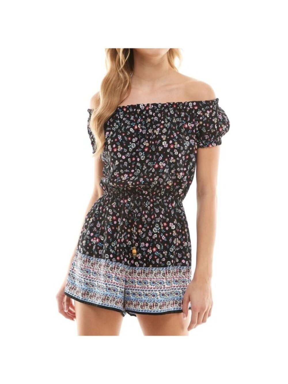 NWT Bebop Womens Black Floral Drawstring Waist Off the Shoulder Romper S SMALL